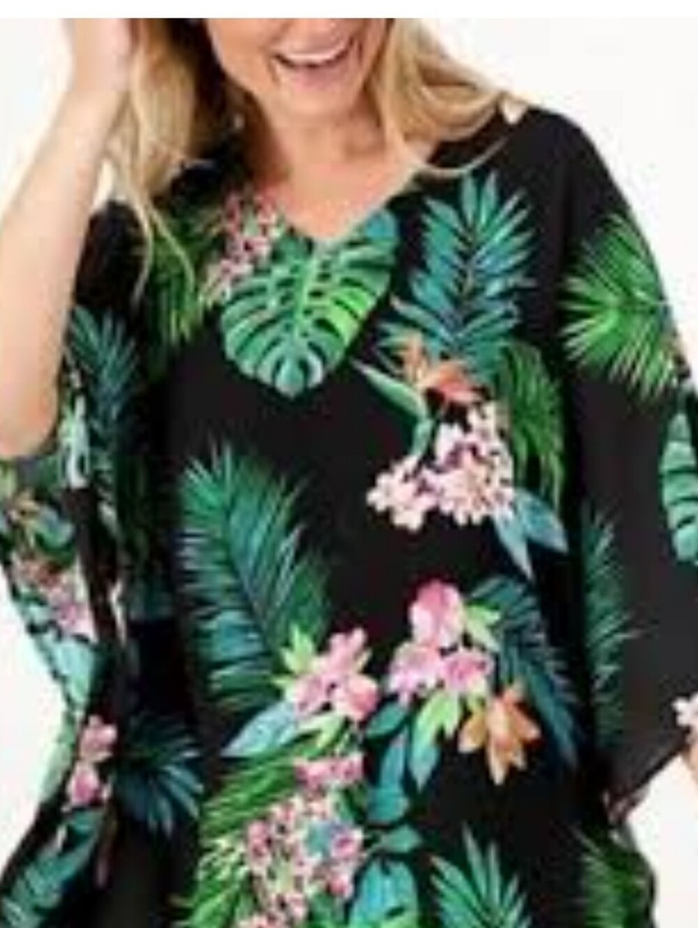 Belle by Kim Gravel Black Hawaiian Tropical Floral Chiffon Poncho Style Top
